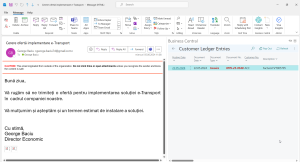 Email Outlook - Afișare intrări registru client Business Central - Factura cu suma depășită