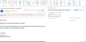 Email Outlook - Contact nou - Afișare opțiune adăugare contact în Business Central