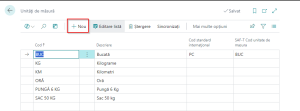 Dynamics Business Central - Pagina unități de măsură