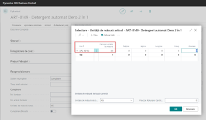 Dynamics Business Central - Selectare unitate de măsură articol cumpărare