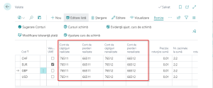 Dynamics Business Central - Pagina Valute - Conturi venituri si cheltuieli