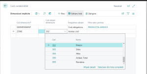 Dynamics Business Central - Pagina Dimensiuni - Dimensiune 2 Selectată