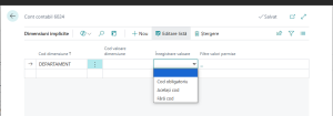 Dynamics Business Central - Pagina Dimensiuni - Opțiuni înregistrare valoare