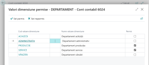 Dynamics Business Central - Pagina Dimensiuni - Valori Permise