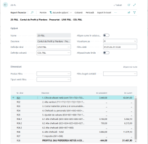 Dynamics Business Central - Afișare Raport Profit și Pierdere